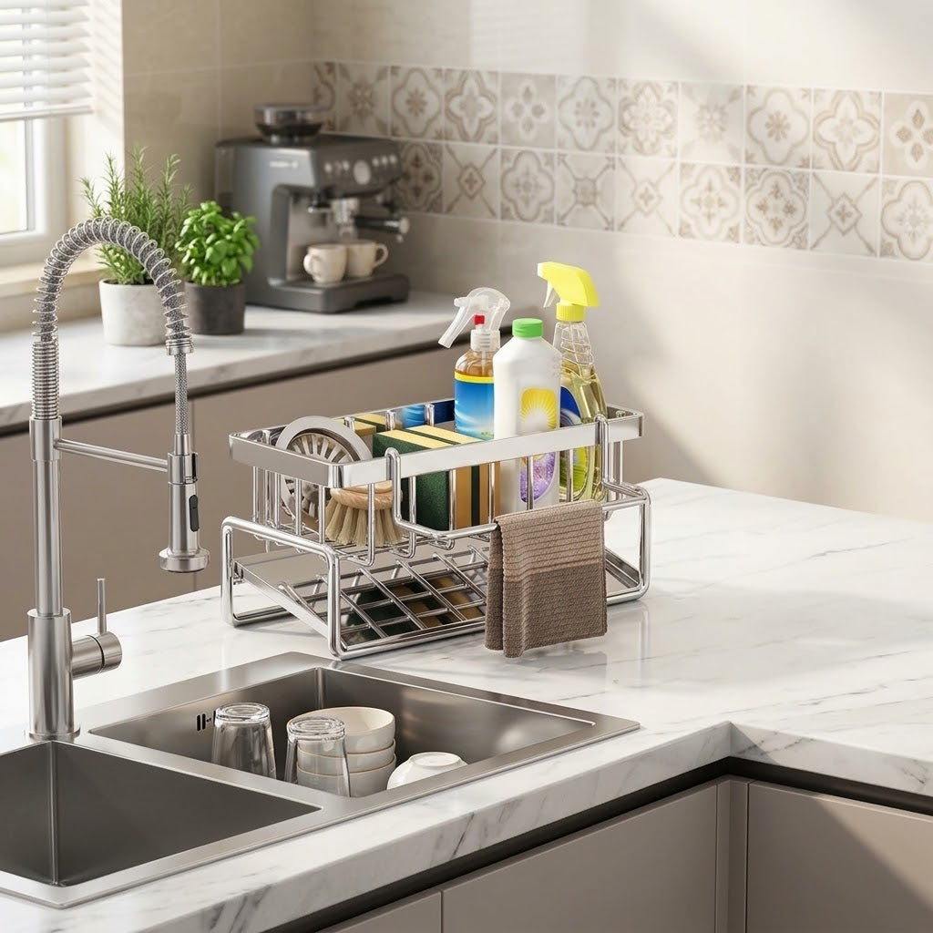 Multifunctional Under-Sink Sponge Organizer with Draining Tray