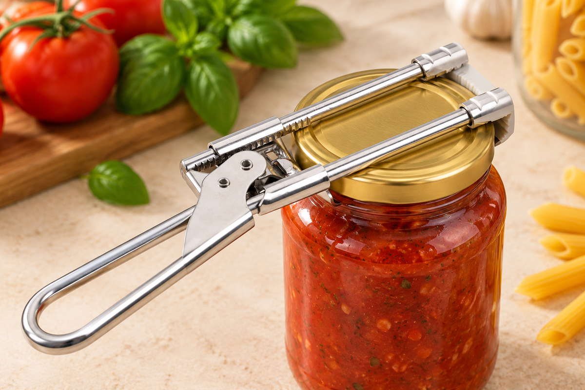 Silicone-lined opener gripping a sauce jar lid