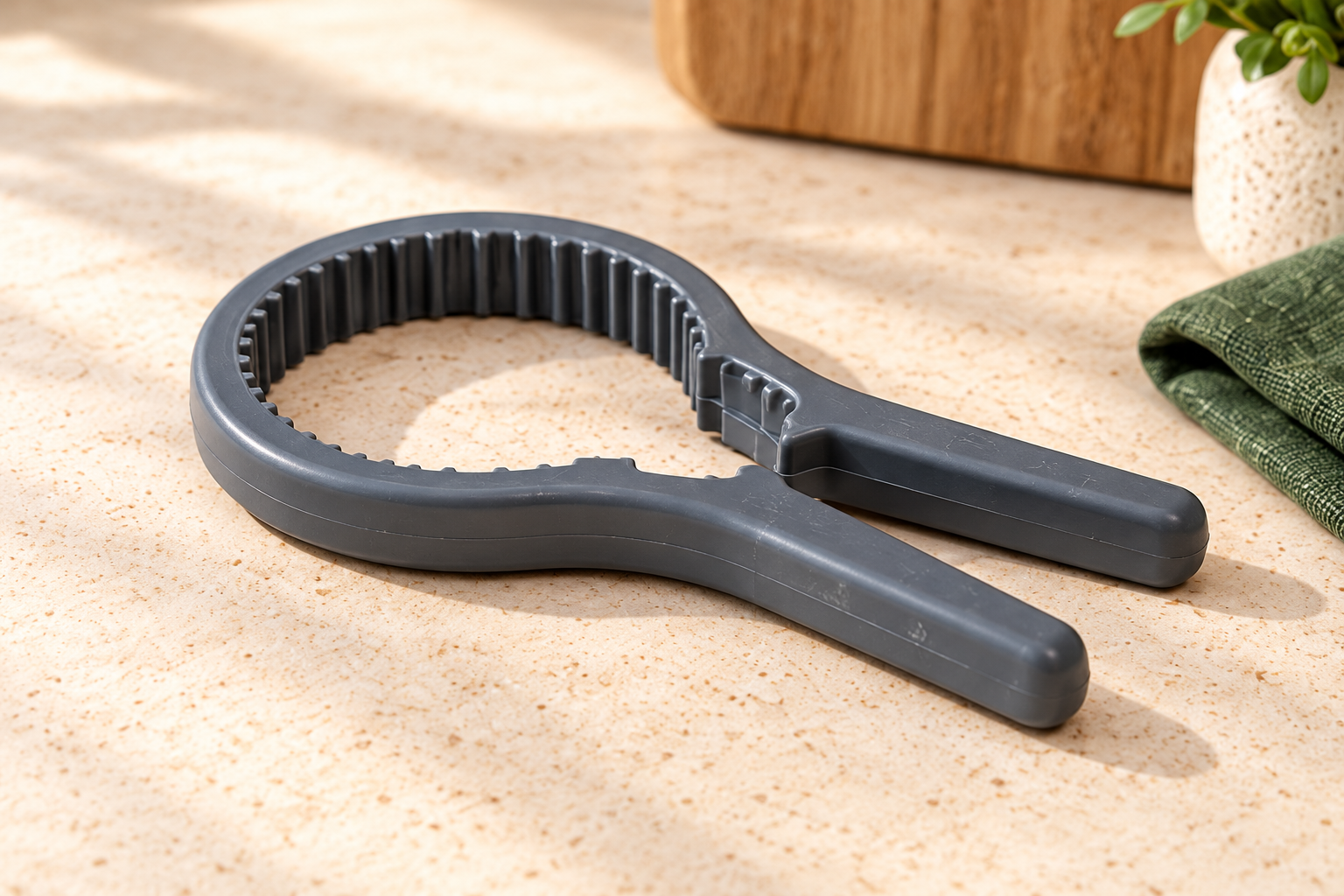 Illustrative plastic jar opener on a kitchen countertop