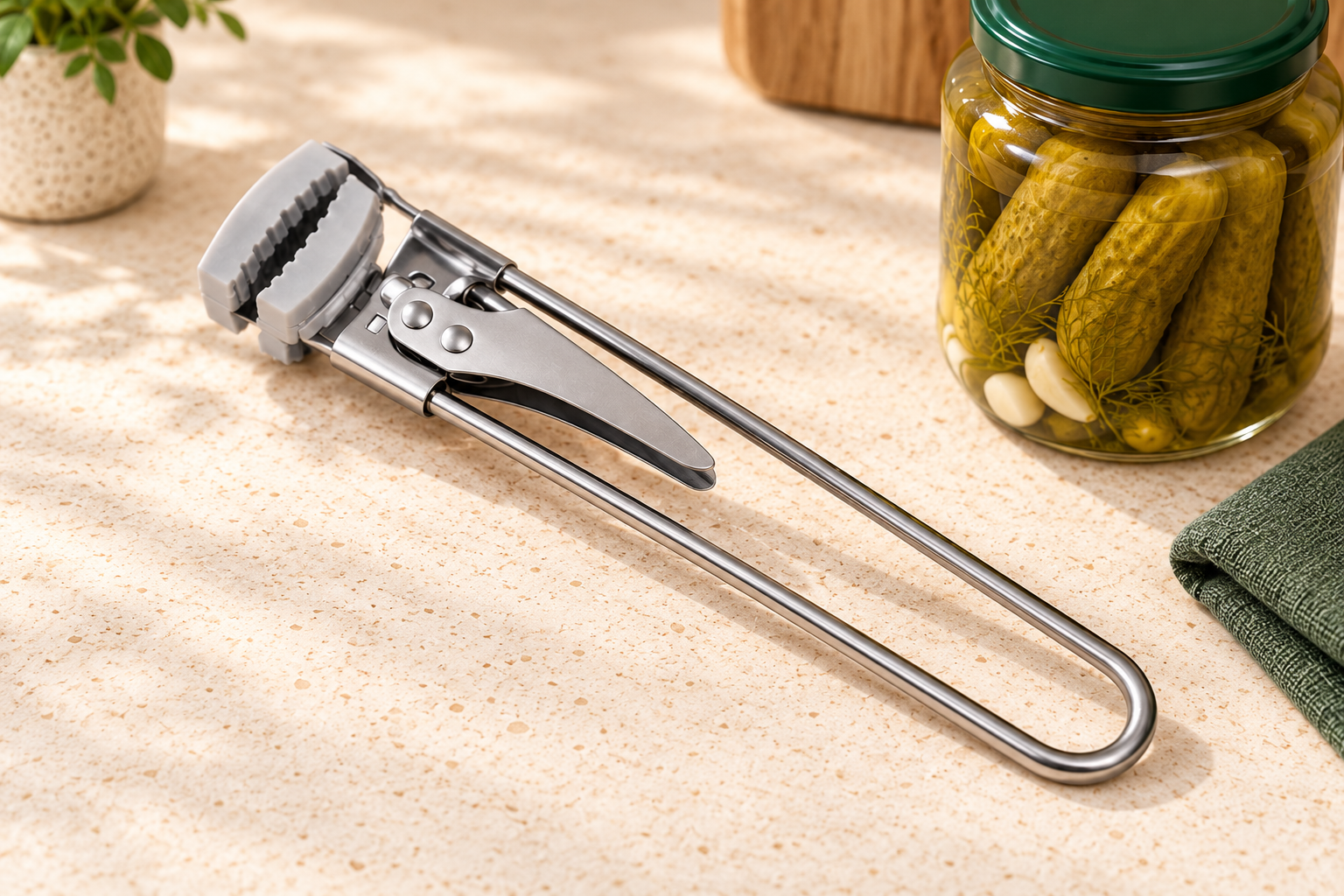 Stainless steel adjustable jar opener with silicone-lined jaws